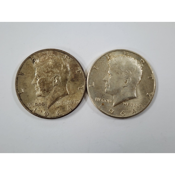 Two 1964 United States 90% Silver Kennedy Half Dollars ~ $1.00 Face Value