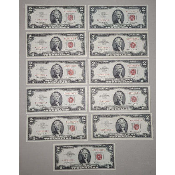 (11) United States Crisp Series 1963 $2 Red Seal Uncirculated Bank Notes - Face Value: $22.00