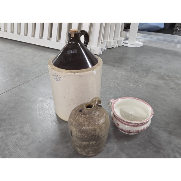 Vintage 5 Gallon Crock, Whiskey Jug, & Beautiful Ceramic Pot