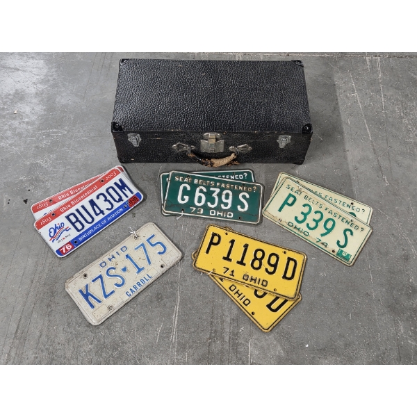 Vintage Leather 23''x12'' Suitcase In Great Condition Inside! & License Plate Collection