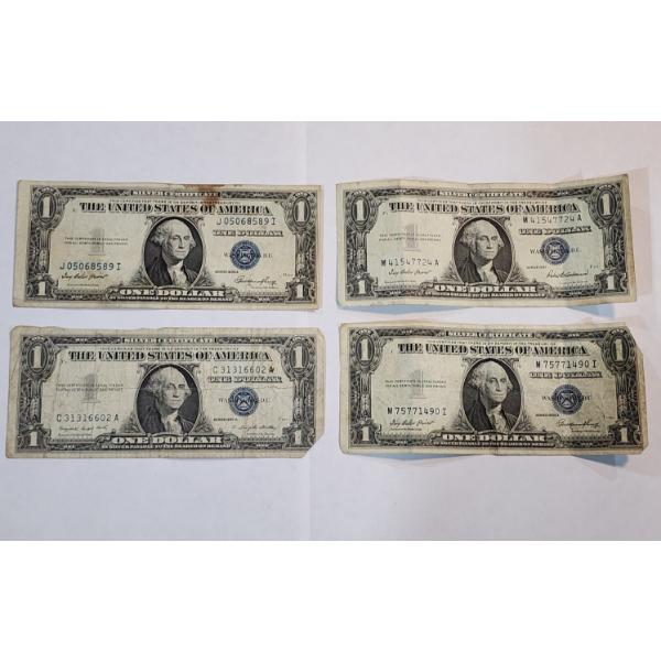 Four Assorted United States $1 Blue Seal Silver Certificates FV: $4.00