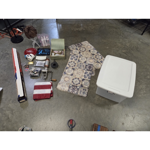 New Flag & Flag Pole, Rubber Mat Set, Storage Tote, Wig And Stand, Mini Tea Set & Much More