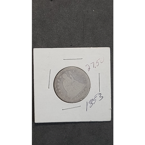 United States 1853 Seated Liberty 90% Silver Quarter With Arrows & Rays