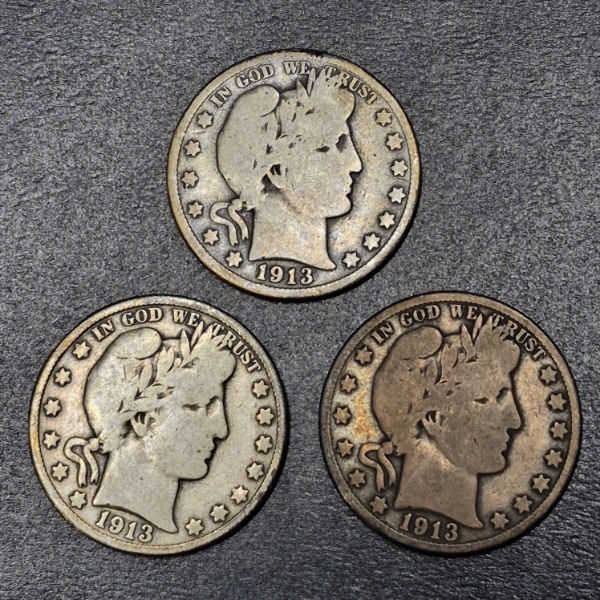 3 Pcs - Barber (Liberty Head) 90% Silver Half Dollars - 1913 P / O / S - See Pictures