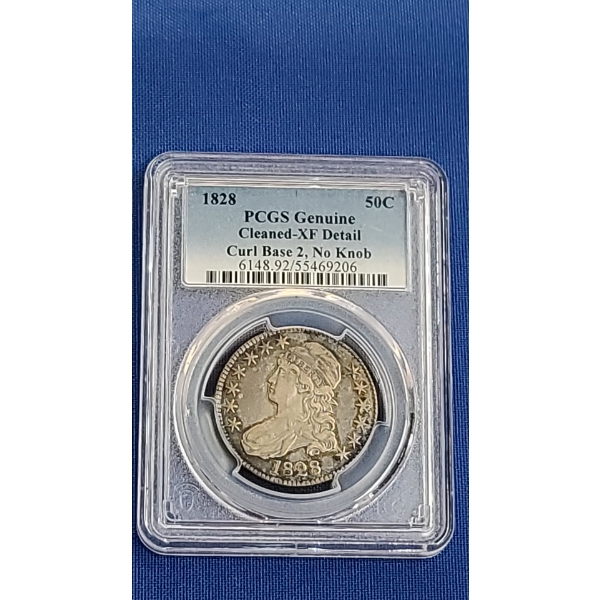 PCGS 1828 Capped Bust Silver Half Dollar Genuine Cleaned- XF Detail Curl Base 2 , No Knob 
