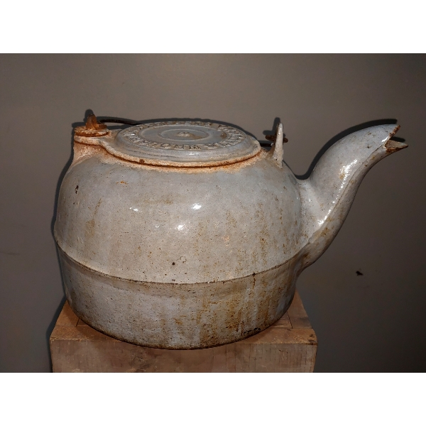 Antique Cast Iron Porcelain Enamel Tea Pot "Wrought Iron Range Co. St. Louis'"  RARE