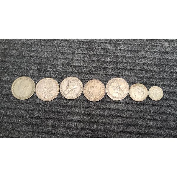 Lot Of (7) Silver Foreign Coins Panama , Cuba, Swedish, Canadian, Uruguay & Netherlands