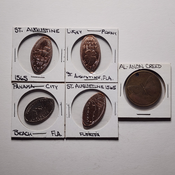 Four Rolled Penny Souvenir Pennies From Florida & Al-Anon Serenity Prayer Coin