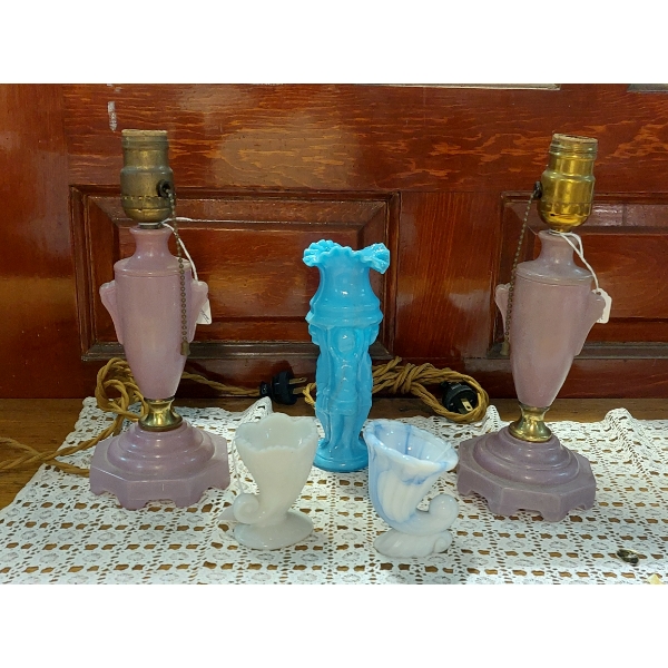 Vintage Group Lavender Glass Boudoir Lamps, Blue Art Nouveau Vase & Mini Cornucopea's  - See Pics