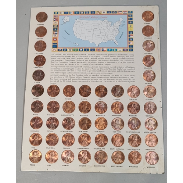 Collection Of (50) Lincoln Memorial Cents With US States Engraved In Educational Display - FV:$ 0.50
