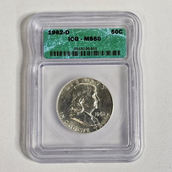1962-D 90% Silver Franklin Half Dollar certified as MS60 by Independent Coin Graders (ICG)