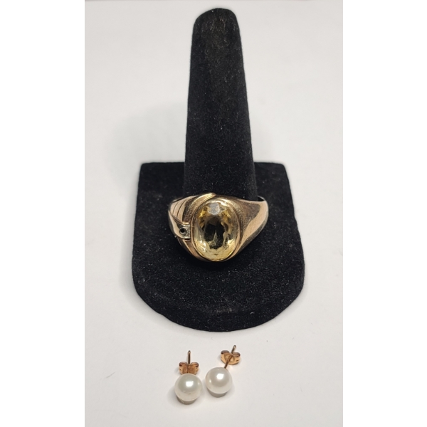 Men's 10K Large Citrine Gemstone Ring - Size 11 - Pearl Like Earrings With 10K Gold Posts - TW: 7.3g