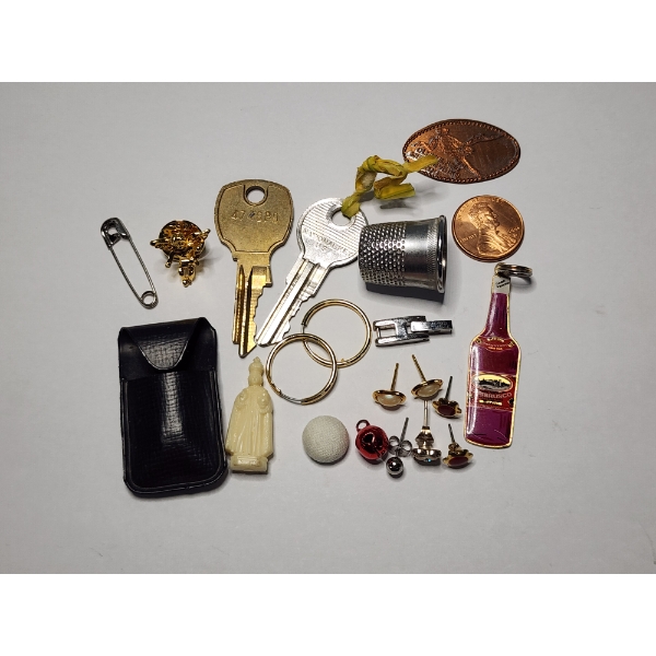 Lot of Assorted Small Collectible Items: Pennies, Thimble, Keys, Religious Figure, Earrings, & More!