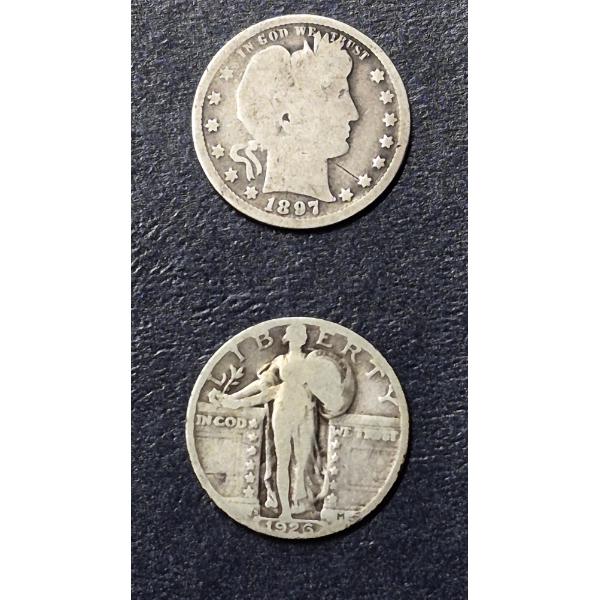 2 Pc Coins - 1897 Barber 25c (90% Silver) & 1926 S Standing Liberty 25c