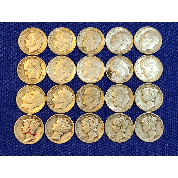 Assorted 90% Silver Roosevelt and Mercury Dimes - Face Value $2.00