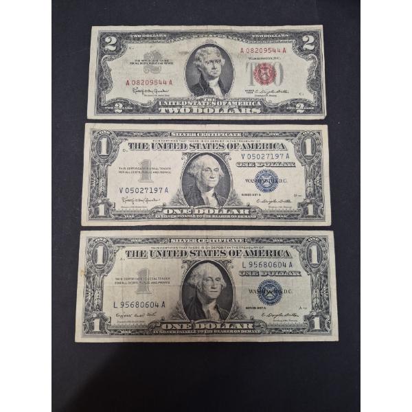 U.S. VINTAGE CURRENCY - 3 PCS - 2 ($1) SILVER CERTIFICATES & 1 ($2) 1963 RED SEAL U.S.NOTE -SEE DESC