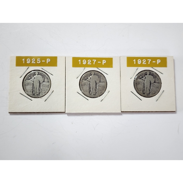 Three U.S. Standing Liberty 90% Silver Quarters: 1925-P, 1927-P, 1927-P FV: $0.75