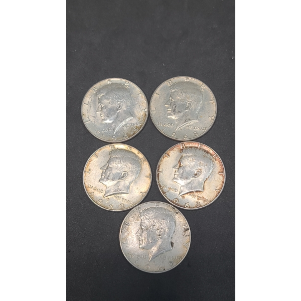 Assorted Years 40% Silver Kennedy Half Dollars - Face Value: $2.50