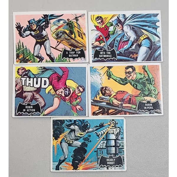 (5) Vintage 1966 Topps Batman Trading Cards From The "Black Bat" Series