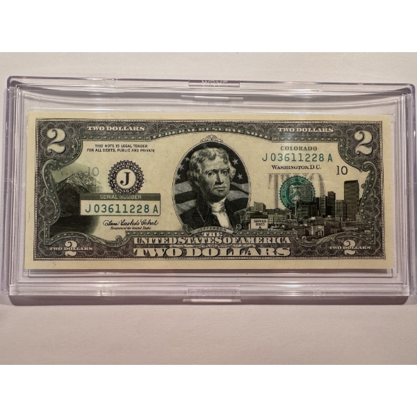 2003 United States Jefferson COLORADO $2.00 Bill In Hard Case Holder - Mint Condition - RARE