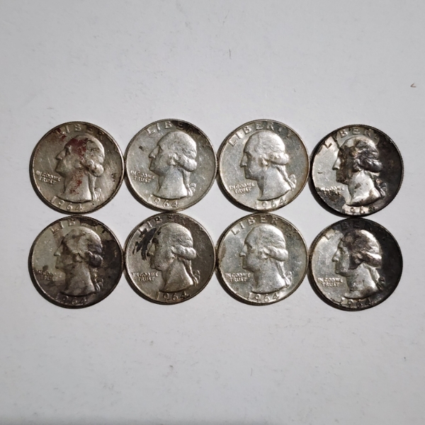 Eight Assorted 1964 United States Washington 90% Silver Quarters ~ $2.00 Face Value