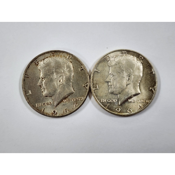 Two 1964 United States 90% Silver Kennedy Half Dollars ~ $1.00 Face Value