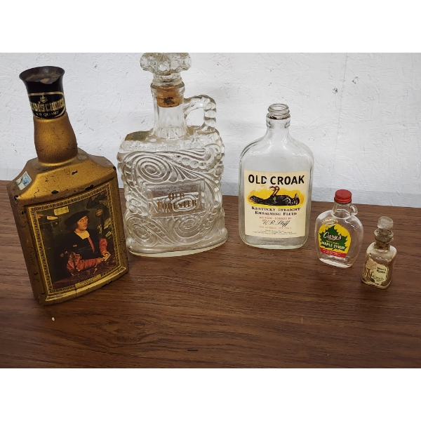 Vintage Glass Bottles Including Old Corak and Old Forester