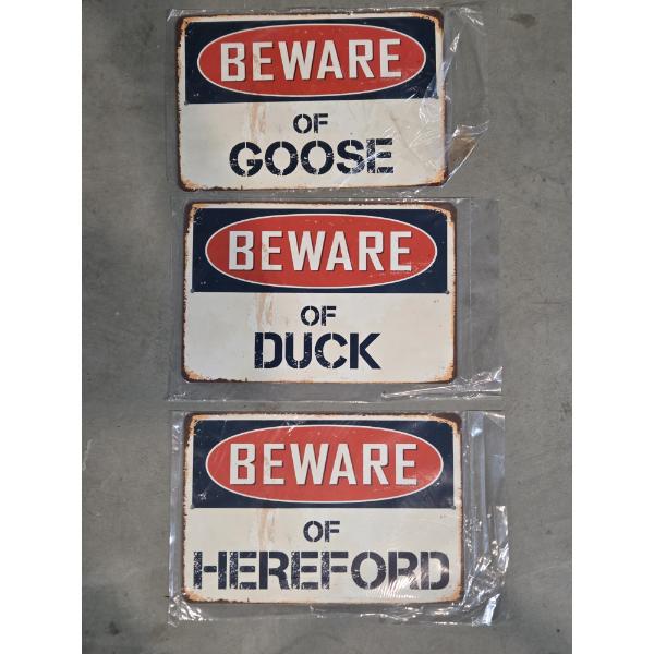 Three Brand New 12''x8'' Tin Decorative Beware Of Goose, Duck & Hereford Design Signs