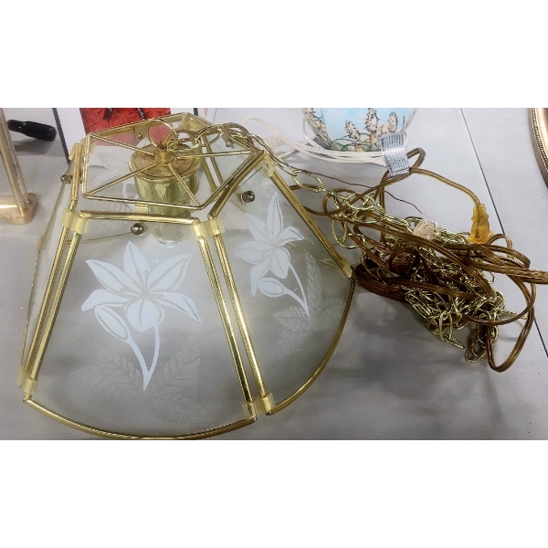 5 Panel Hanging Swag Lamp Complete With Cord & Gold Link Chain - See Pics
