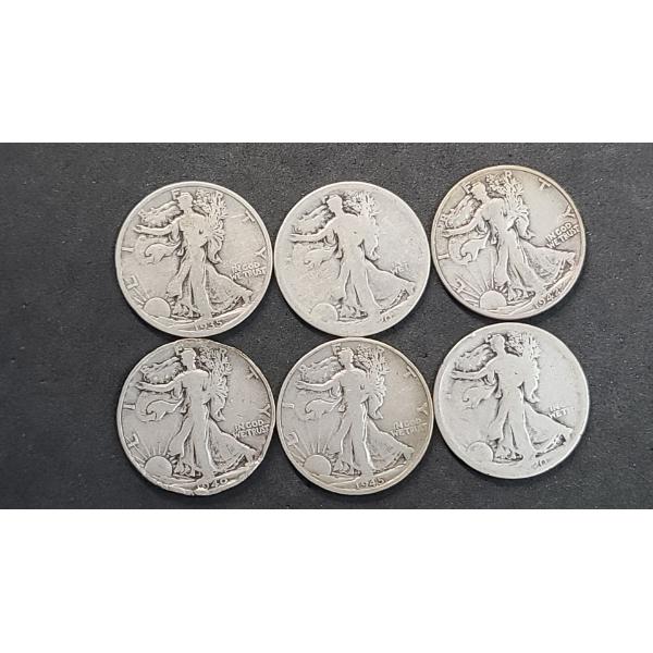 (6) Assorted Years/Mint Marks U.S 90% Silver Walking Liberty Half Dollars - Face Value: $3.00
