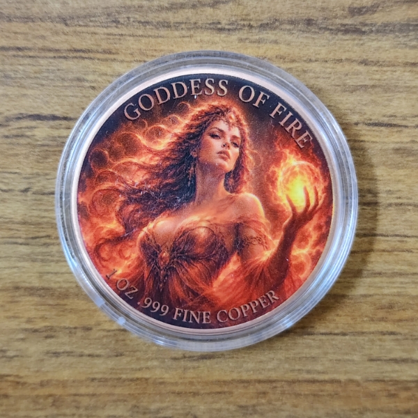 One Troy Ounce .999 Fine Copper Round ~ Colorized Ft. Goddess of Fire ~ Two Different Sides