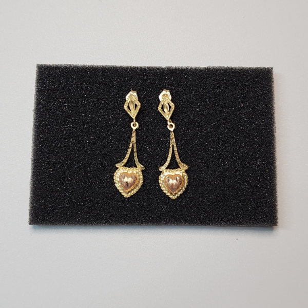 14K Gold Two-Tone Rose & Yellow Gold Heart Dangle Earrings - Total Weight: 3.0g