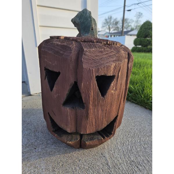 PICKUP IN CANTON - Heavy Carved Wood Lighted Jack O Lantern  