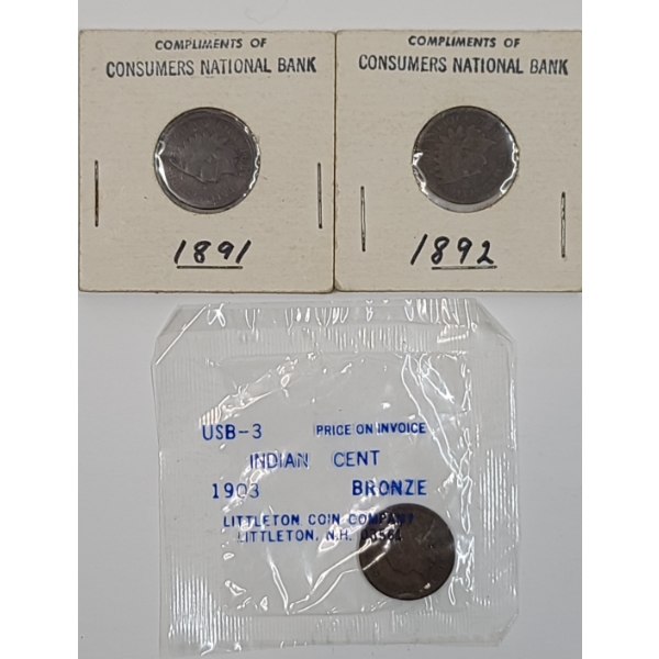 U.S 1891, 1892 & 1903 Indian Head Cents - Face Value: $0.03
