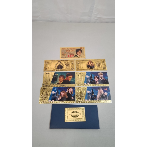 (7) Harry Potter Characters 24K Gold Foil Banknotes Set w/ COA