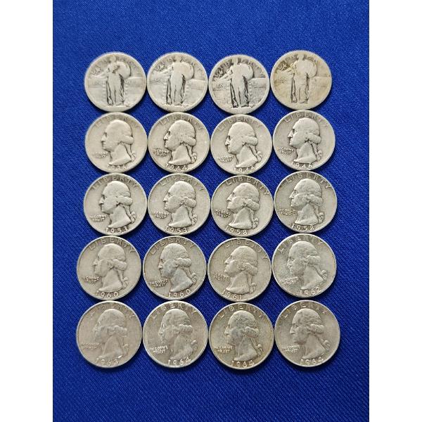 x25 Assorted Years 90% Silver Washington and Standing Liberty Quarters FV: $5.00