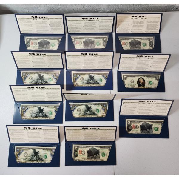 Collection of 11 Assorted Enhanced & Colorized U.S. Uncirculated $2 Bills - In Holders w/ CoA