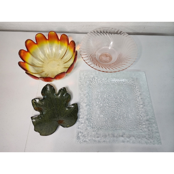 Lot of Glass Bowls, Leaf Shape Tray, Detailed Glass Square Serving Plate 
