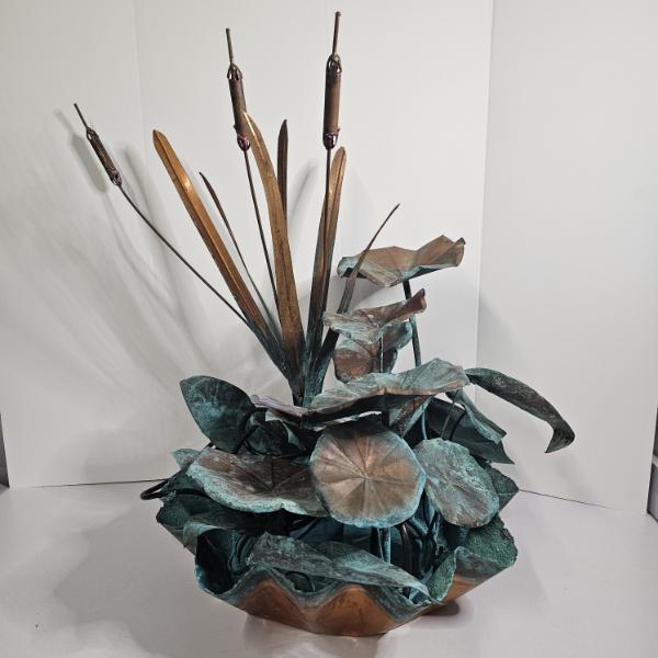 Vintage H. Hill 1993 Verdigris Copper Lily Pad And Cattail Water Fountain