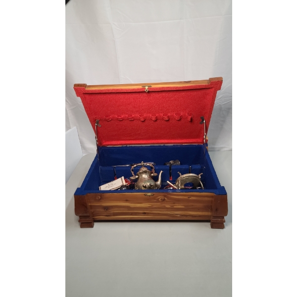 Wooden Chest W/ Assorted Vintage Tableware & Flatware Including Tudor Stainless/Silverplated Knives