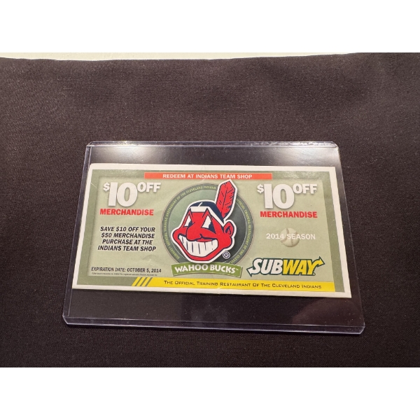 2014 Cleveland Indians Chief Wahoo Subway Coupons PVC Protector - Mint Condition