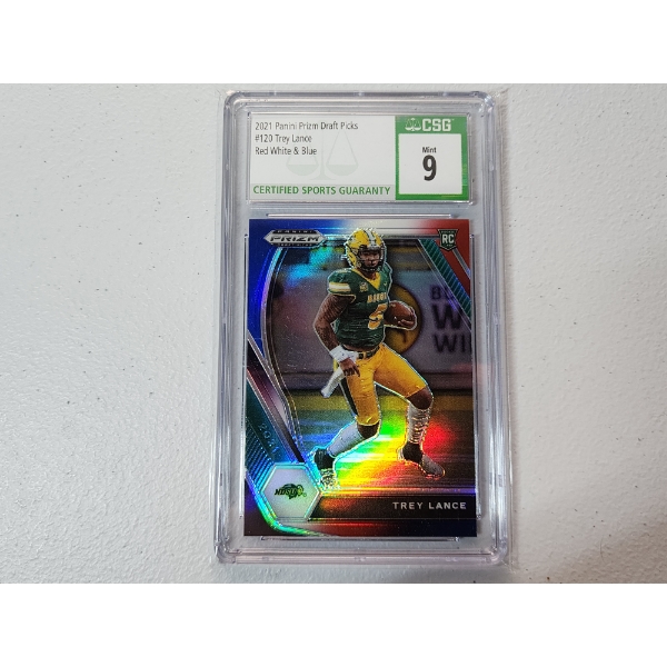 2021 Panini Prizm Draft Picks Red White & Blue Trey Lance Rookie Card #120- CSG Mint 9