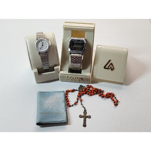 Lorus Digital Alarm Chronograph Watch, Timex Cavatina Watch, and Rosary 