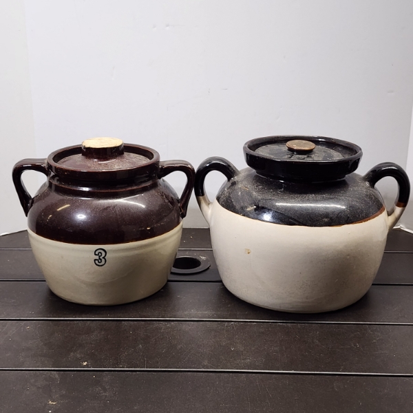 Two Vintage Stoneware Crocks or Bean Pots Each With Two Handles & A Lid ~ 3 Quart & Likely 5 Quart