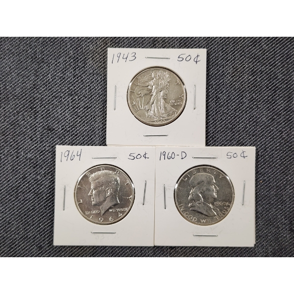 Three United States 90% Silver Half Dollars ~ Walking Liberty, Franklin & Kennedy ~ Face Value $1.50