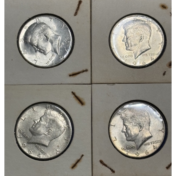 Lot of 4 90% Silver 1964 Kennedy Half-Dollars, FV $2.00