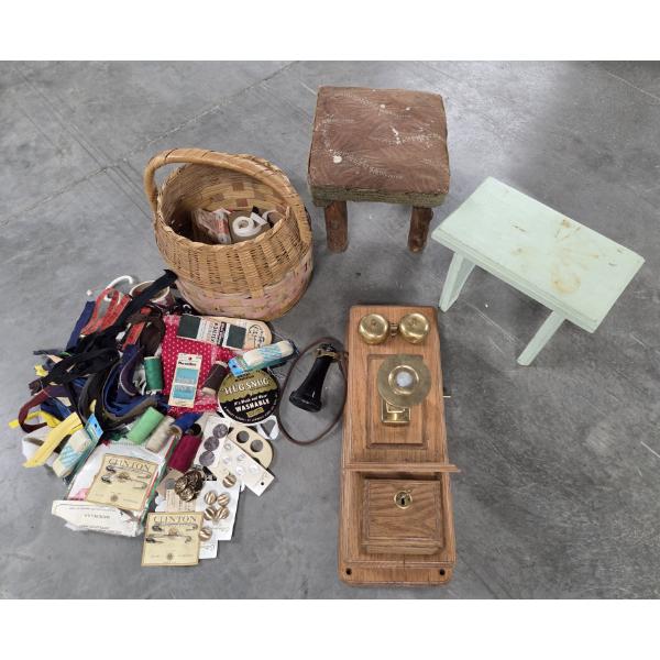 Vintage Collectables Including Oak Wall Telephone, 2 Handmade Step Stools And Sewing Basket