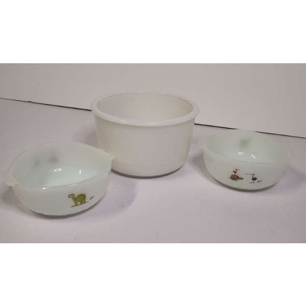 2 Anchor Hocking Dinosaur Bowls And 1 White Bowl