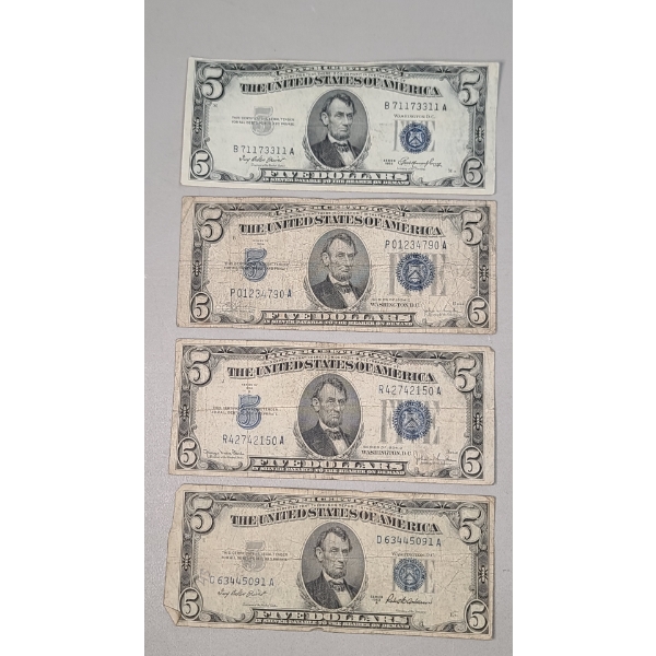(4) Assorted Series United States $5 Silver Certificates - Face Value: $20.00