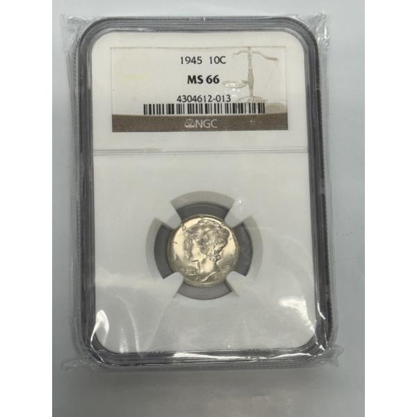 NGC MS66 Graded 1945 Mercury Dime 90% Silver - In Case - Mint Condition